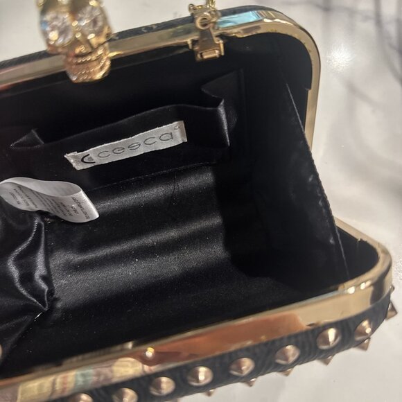 Black Studded Clutch with Skull Charm & Gold Hardware - Picture 3 of 4